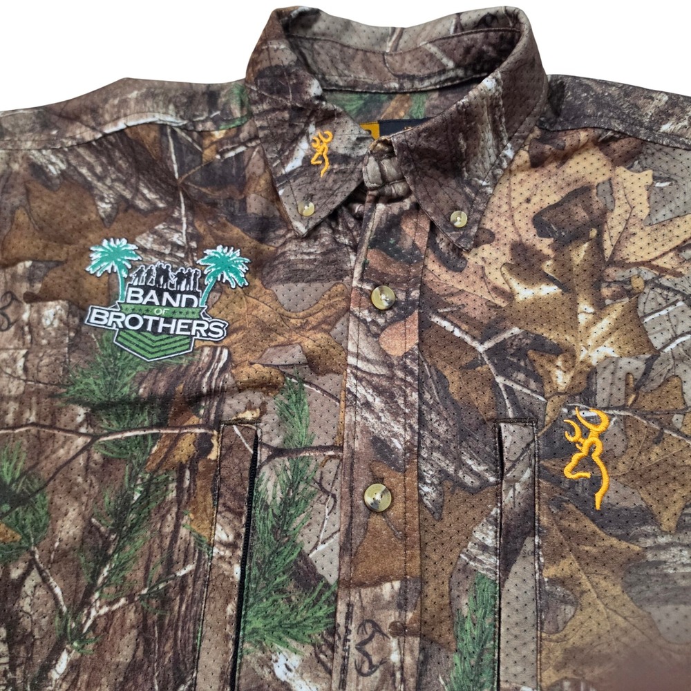 Browning Camo Mesh Field Shirt Mens M Short Sleeve Band of Brothers Mossy Oak